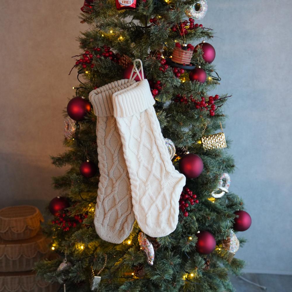 【2点セット】ニットクリスマスソックス（ベージュ・ホワイト）